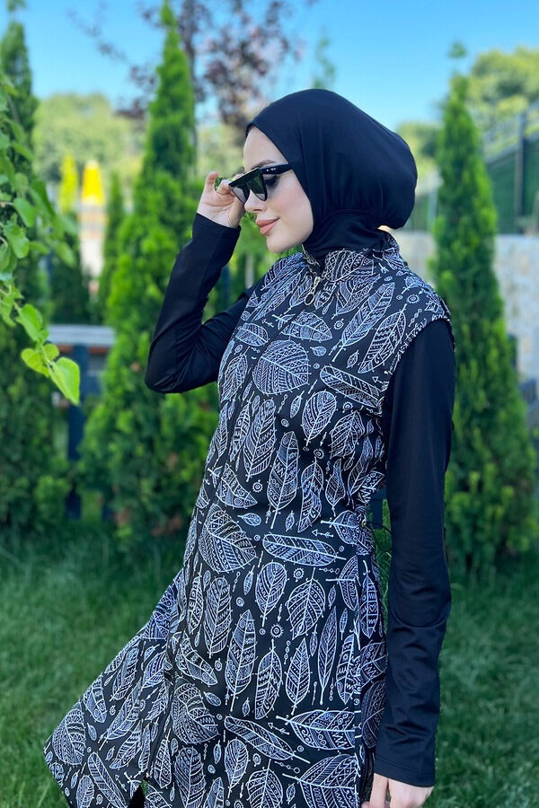 Tam Kapalı Tesettür Mayo Siyah Beyaz Yaprak MERVE